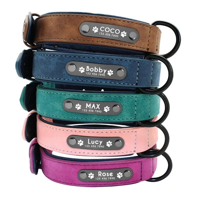 Personalized leather dog collar custom engraved ID nameplate no jingle tags