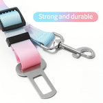 Dog seatbelt buckle showing adjustable length strap
