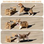 Tilted dog bowl stand showing anti-spill design with stainless bowls
