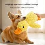 Sleeping duck plush dog toy lifestyle puppy sleeping next to toy