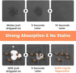 Absorbent dog feeding mat shown under food and water bowls in use