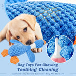 Tough plush dog toy blue yellow variants side by side