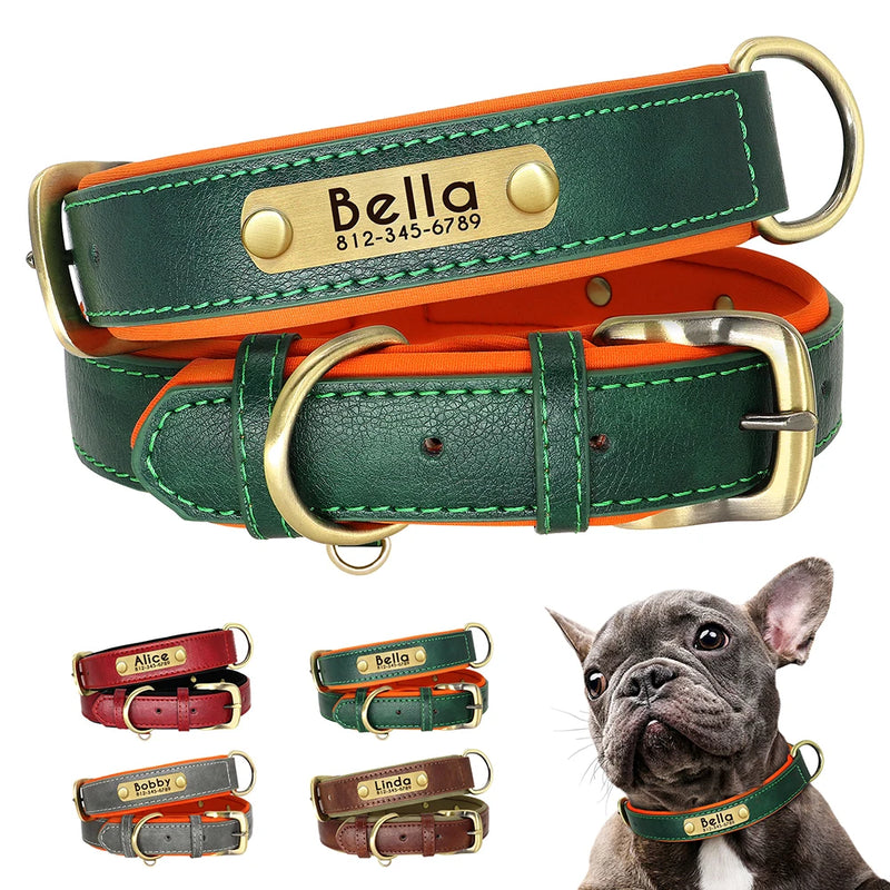 Personalized leather dog collar free engraved name and phone number soft padded