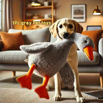 Giant plush duck dog toy in home lifestyle couch setting