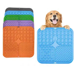 Dog lick mat with peanut butter spread on texture ready for dog